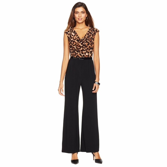 Ronni Nicole Leopard Print Draped Neck Jumpsuit - Picture 1 of 2